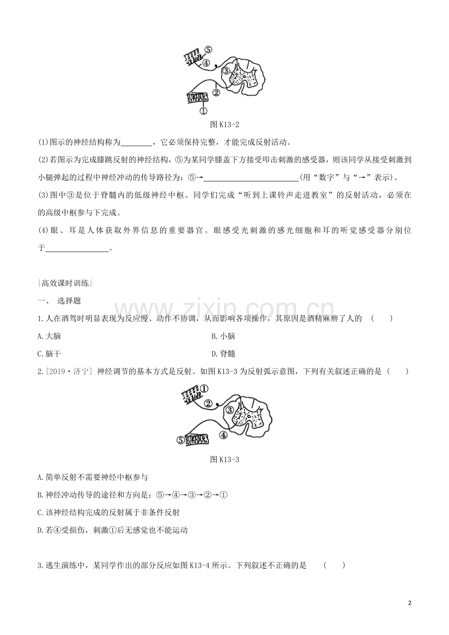 徐州专版2020中考生物复习方案第六单元生命活动的调节和生态系统的稳定课时训练13人体生命活动的调节试题.docx_第2页