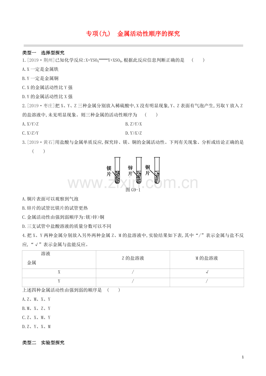 江苏专版2020中考化学复习方案专项09金属活动性顺序的探究试题.docx_第1页