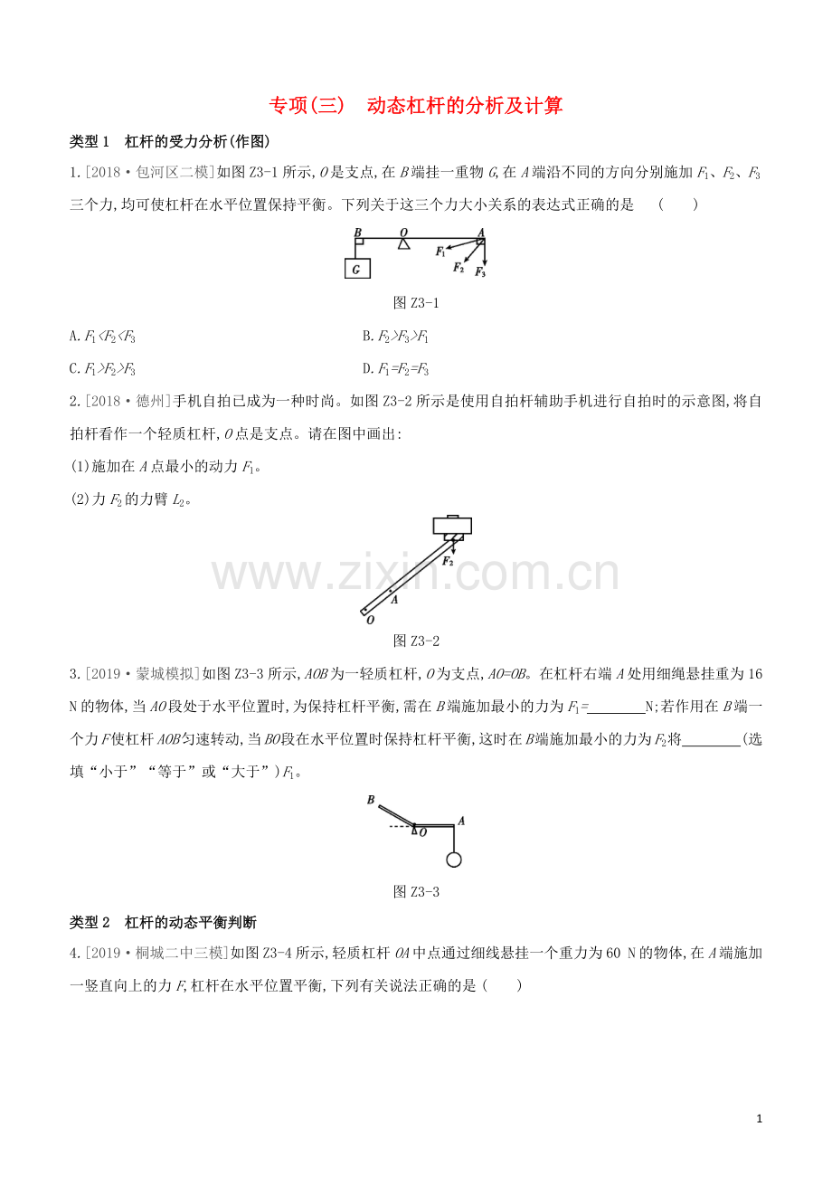 安徽专版2020中考物理复习方案专项03动态杠杆的分析及计算试题.docx_第1页