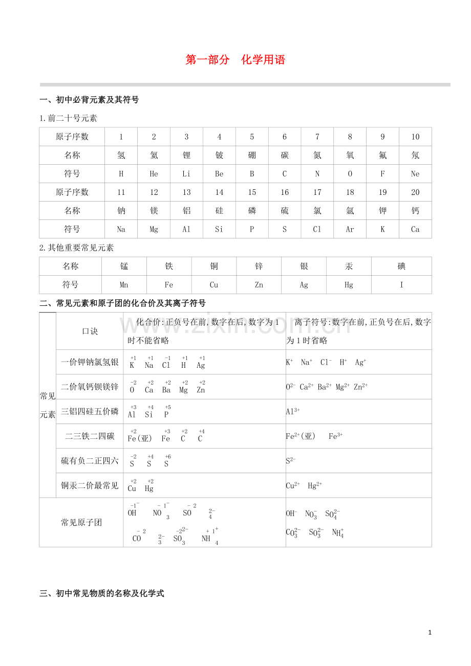 北京专版2020中考化学复习方案第01部分化学用语试题.docx_第1页