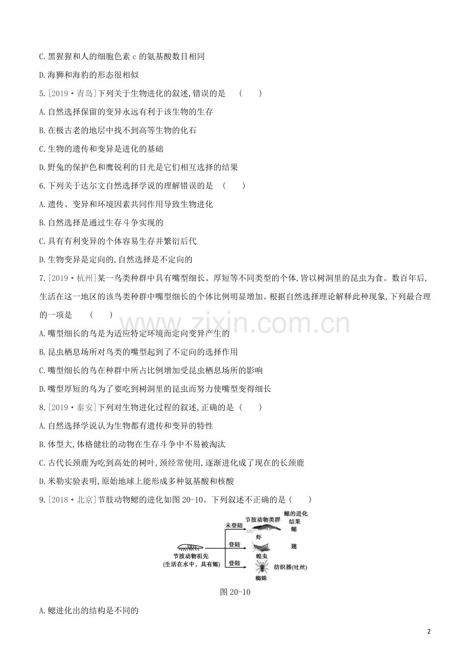 包头专版2020中考生物复习方案第六单元生命的延续和发展第20课时生命的起源和生物的进化试题.docx_第2页