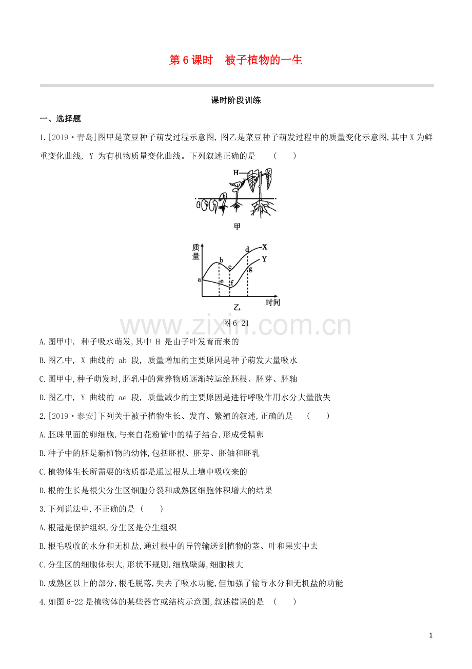 鄂尔多斯专版2020中考生物复习方案第三单元生物圈中的绿色植物第06课时被子植物的一生试题.docx_第1页