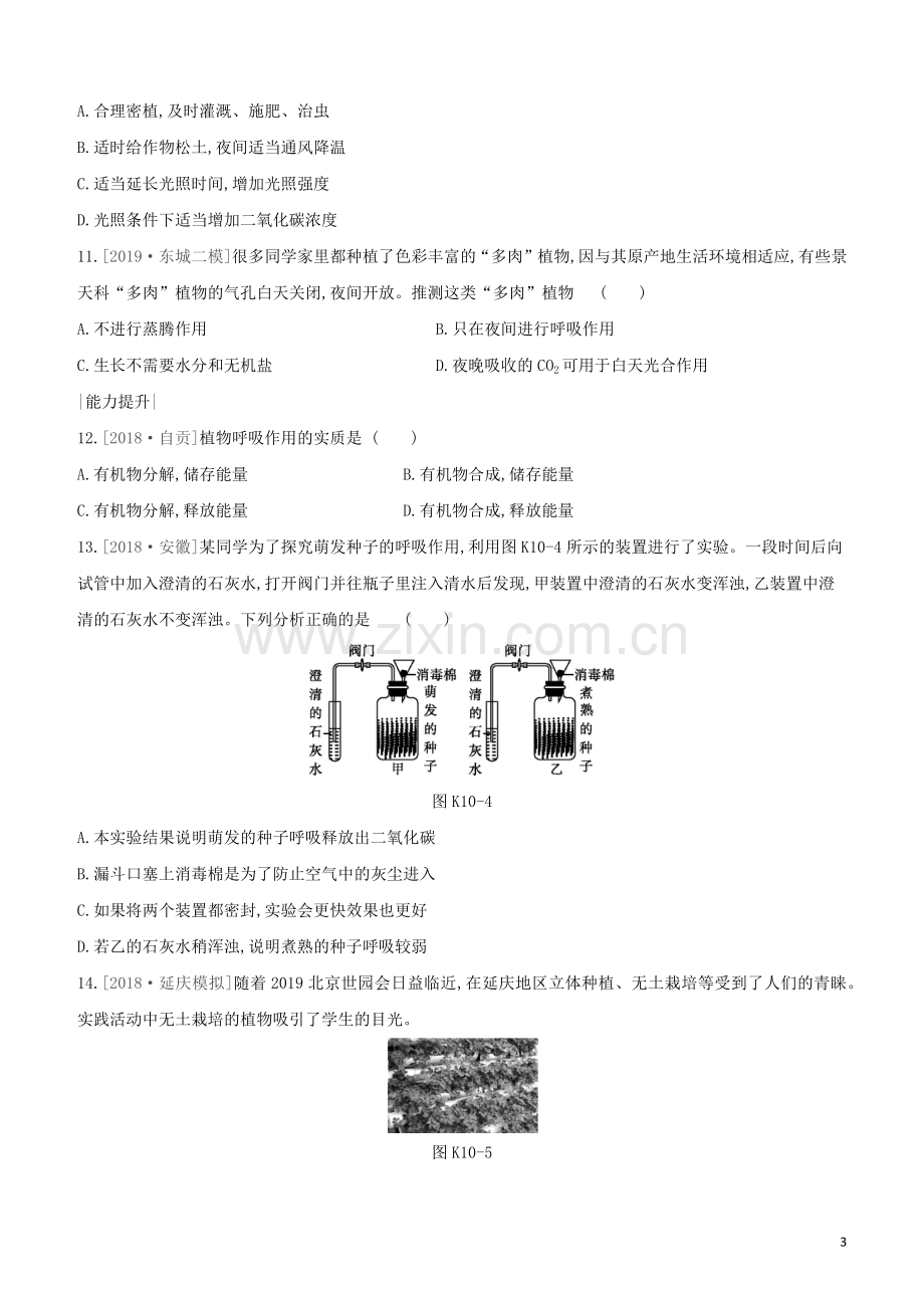 北京专版2020中考生物复习方案主题四生物圈中的绿色植物课时训练10绿色植物的呼吸作用试题.docx_第3页