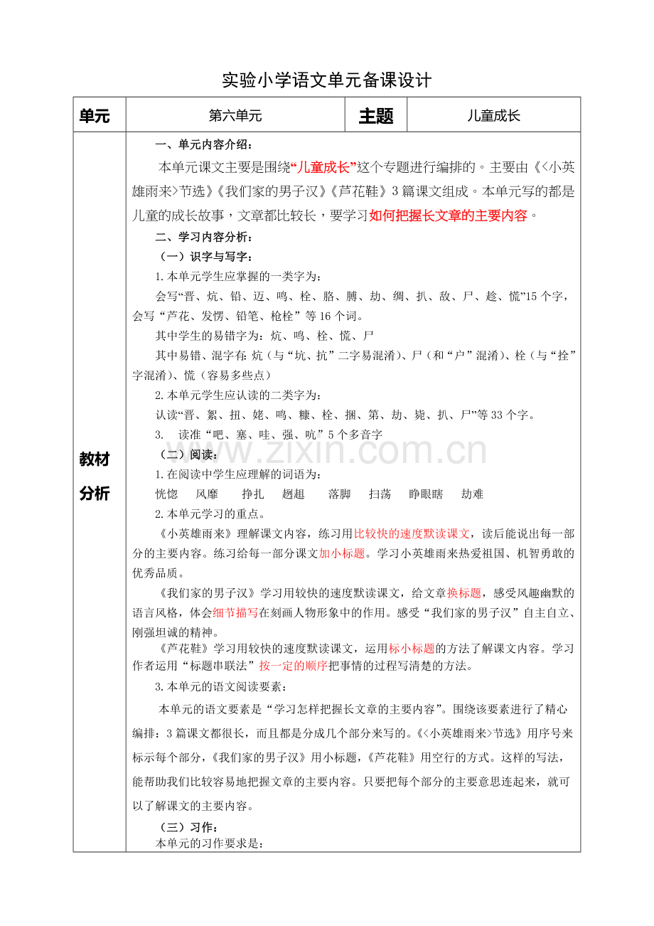 部编版小学语文六年级下册第六单元集体备课教材分析.docx_第1页