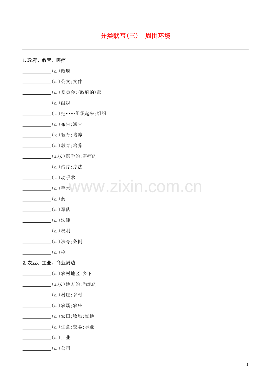 长沙专版2020中考英语复习方案分类默写03周围环境试题.docx_第1页