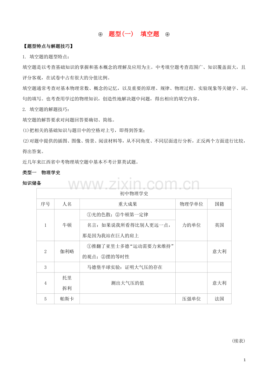 江西专版2020中考物理复习方案第二篇题型突破题型01填空题试题.docx_第1页