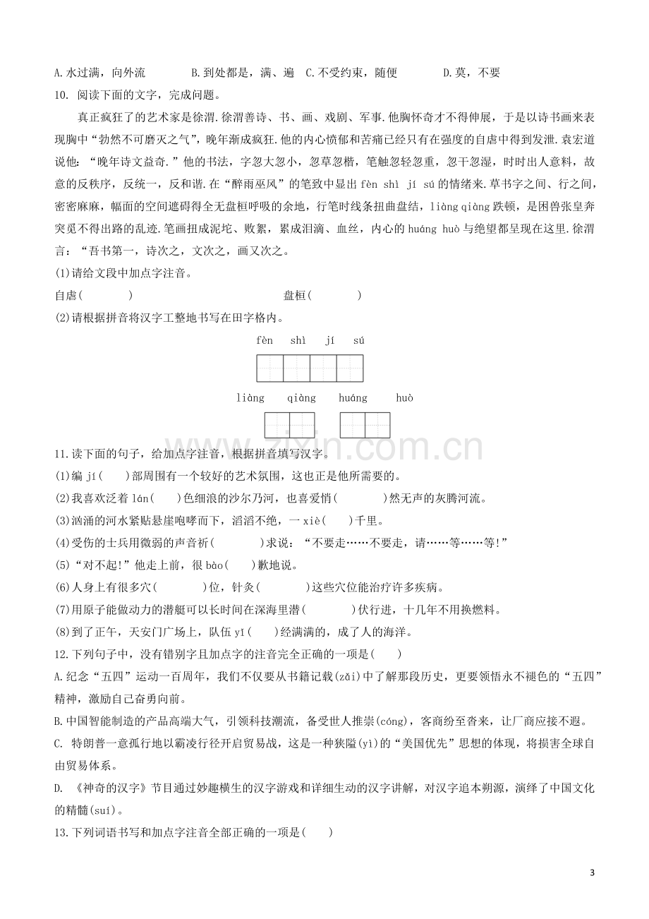 呼和浩特专版2020中考语文复习方案第二篇专题精讲满分训练01语音与汉字试题.docx_第3页