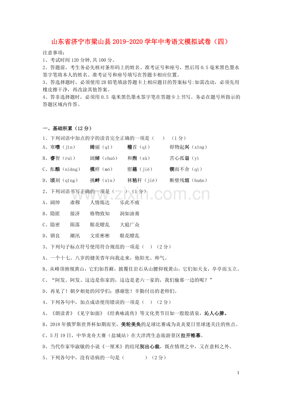 山东省济宁市梁山县2019_2020学年中考语文模拟试卷四.doc_第1页