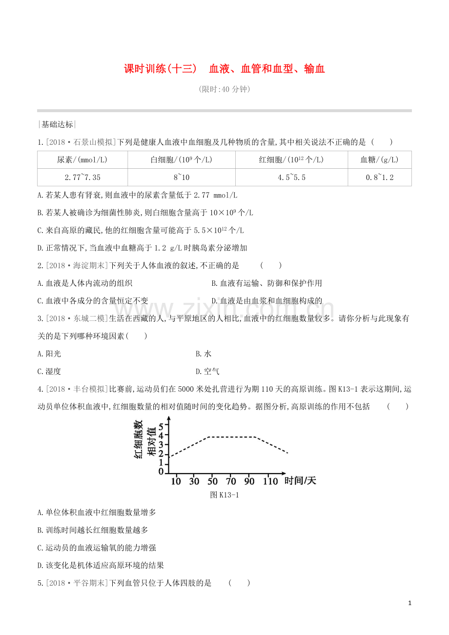 北京专版2020中考生物复习方案主题五生物圈中的人课时训练13血液血管和血型输血试题.docx_第1页