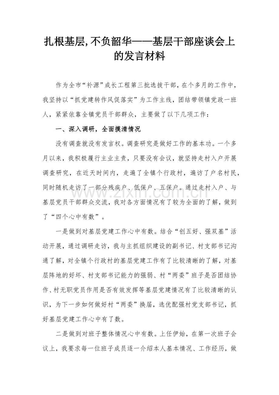 扎根基层,不负韶华——基层干部座谈会上的发言材料.docx_第1页