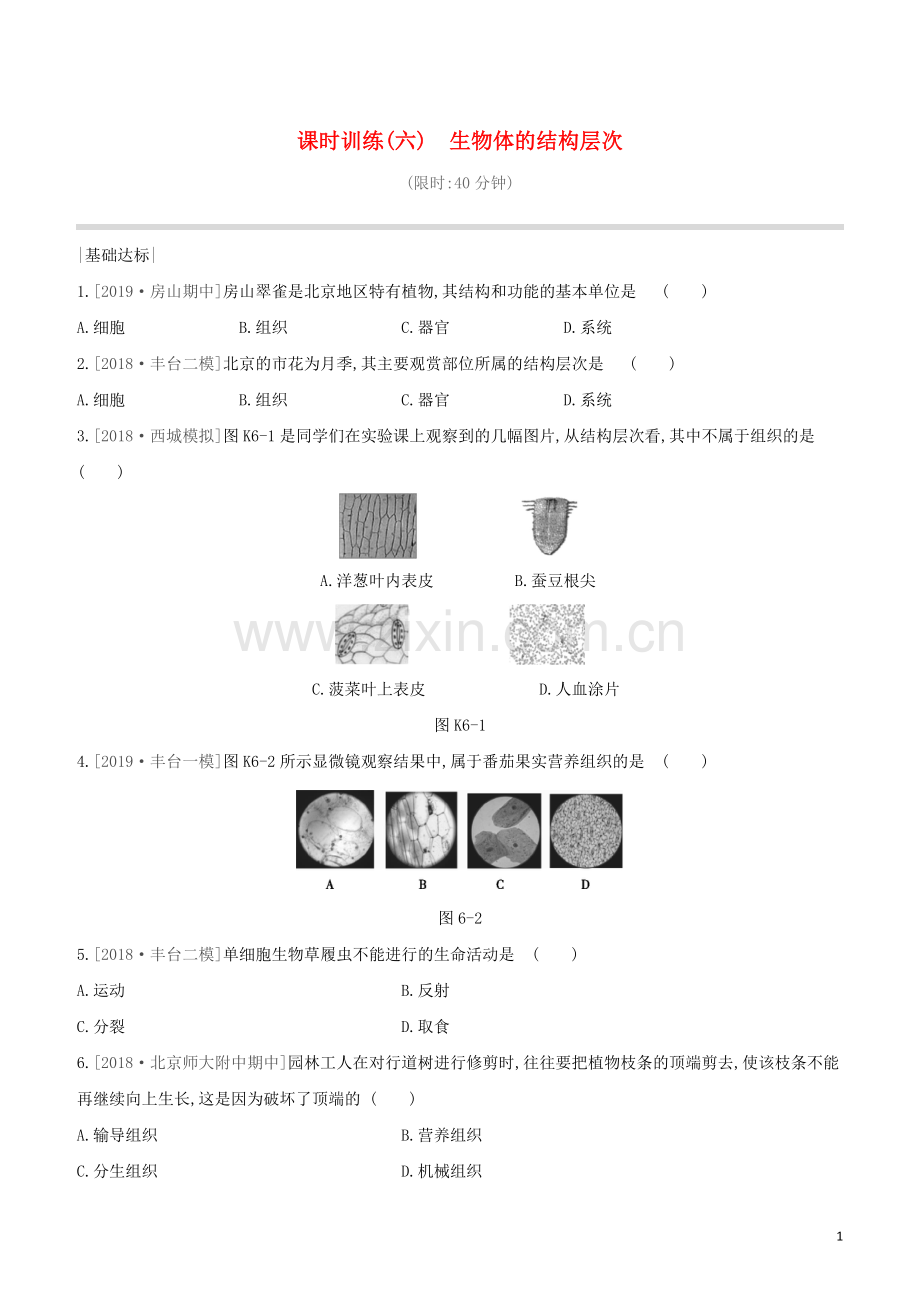 北京专版2020中考生物复习方案主题三生物体的结构层次课时训练06生物体的结构层次试题.docx_第1页