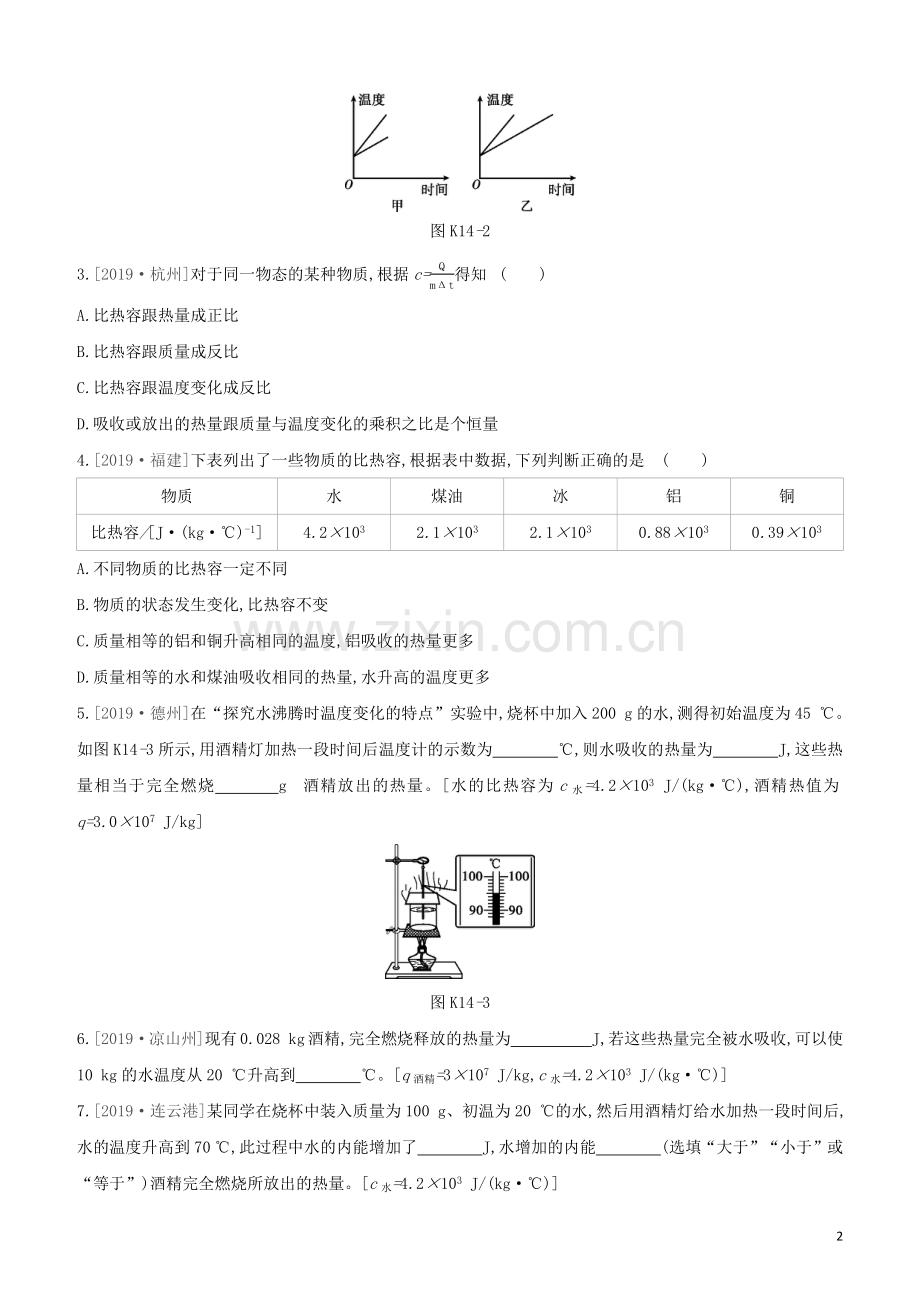 安徽专版2020中考物理复习方案第一篇教材梳理课时训练14比热容热机试题.docx_第2页