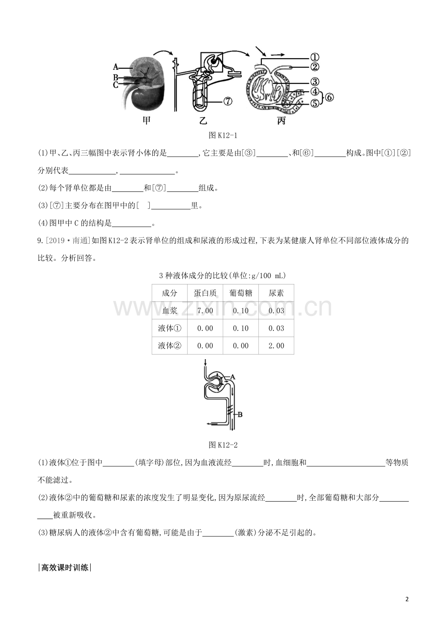 连云港专版2020中考生物复习方案第六单元生命活动的调节和生态系统的稳定课时训练12人体内废物的排出试题.docx_第2页