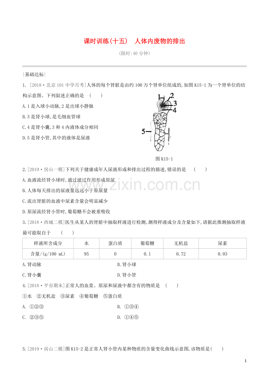 北京专版2020中考生物复习方案主题五生物圈中的人课时训练15人体内废物的排出试题.docx_第1页