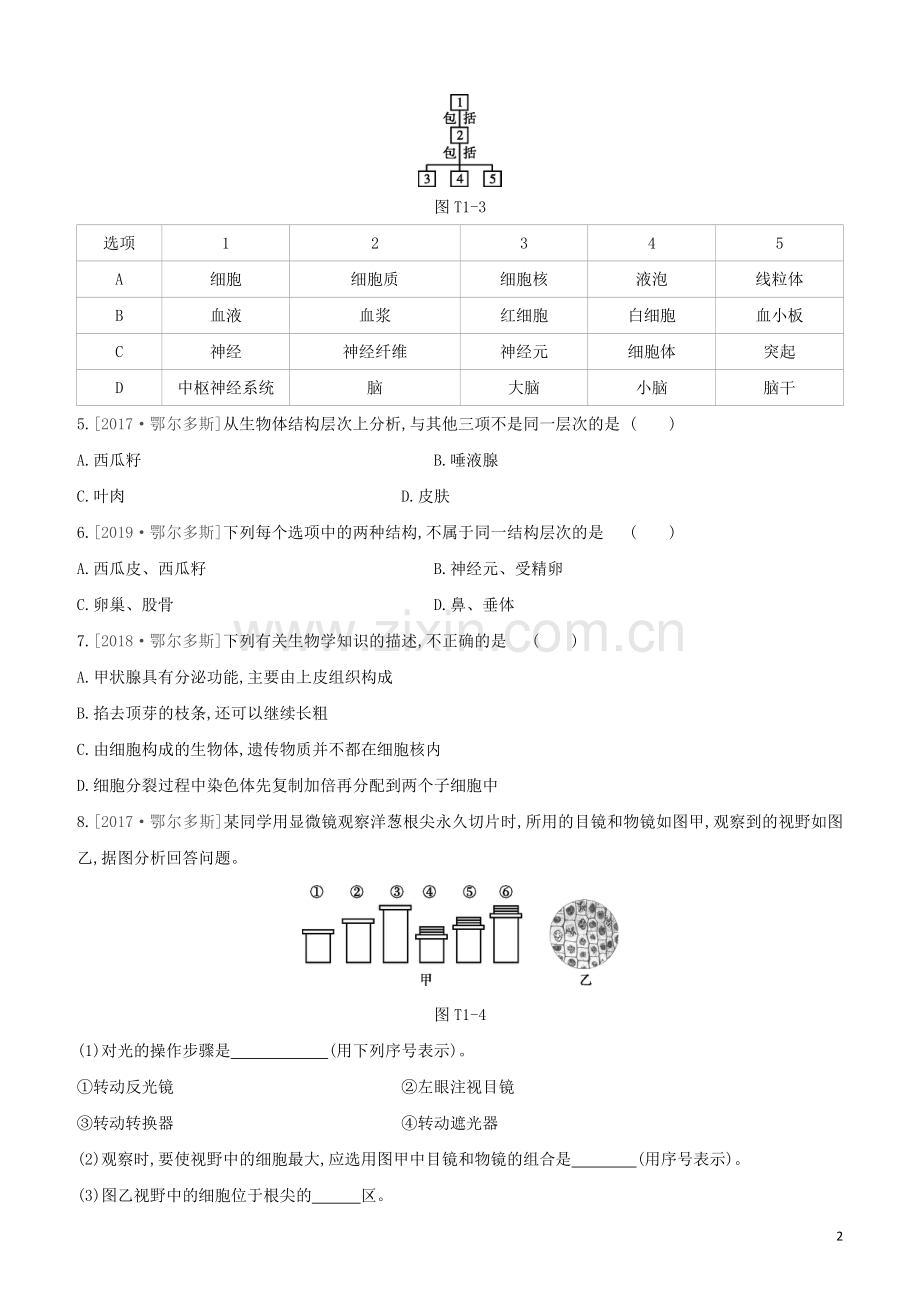 鄂尔多斯专版2020中考生物复习方案真题分类01生物体的结构层次试题.docx_第2页