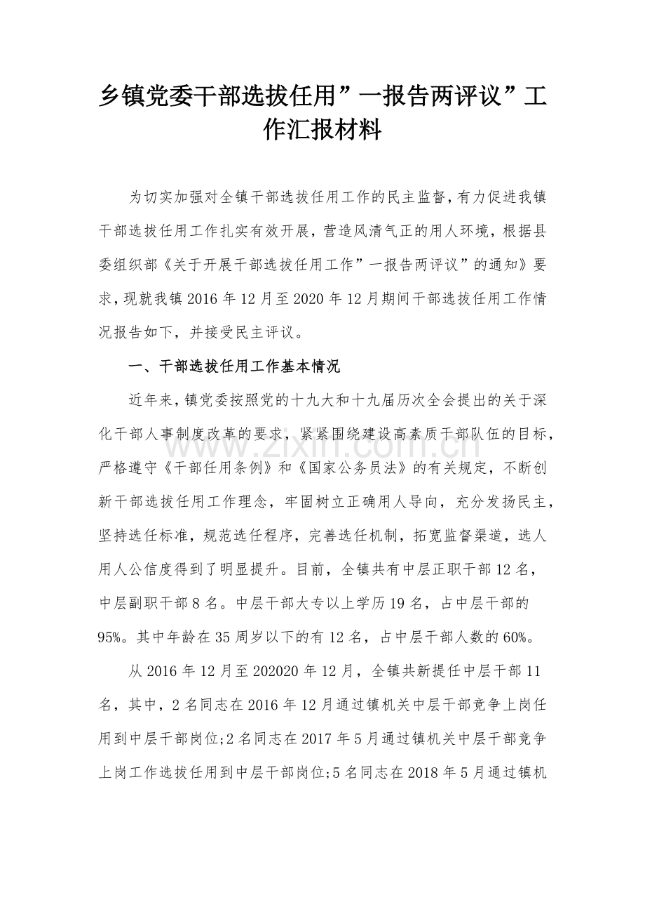 乡镇党委干部选拔任用”一报告两评议”工作汇报材料.docx_第1页