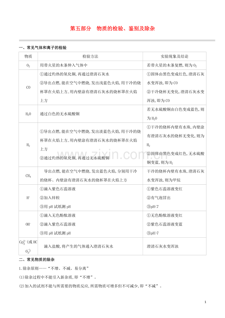 北京专版2020中考化学复习方案第05部分物质的检验鉴别及除杂试题.docx_第1页