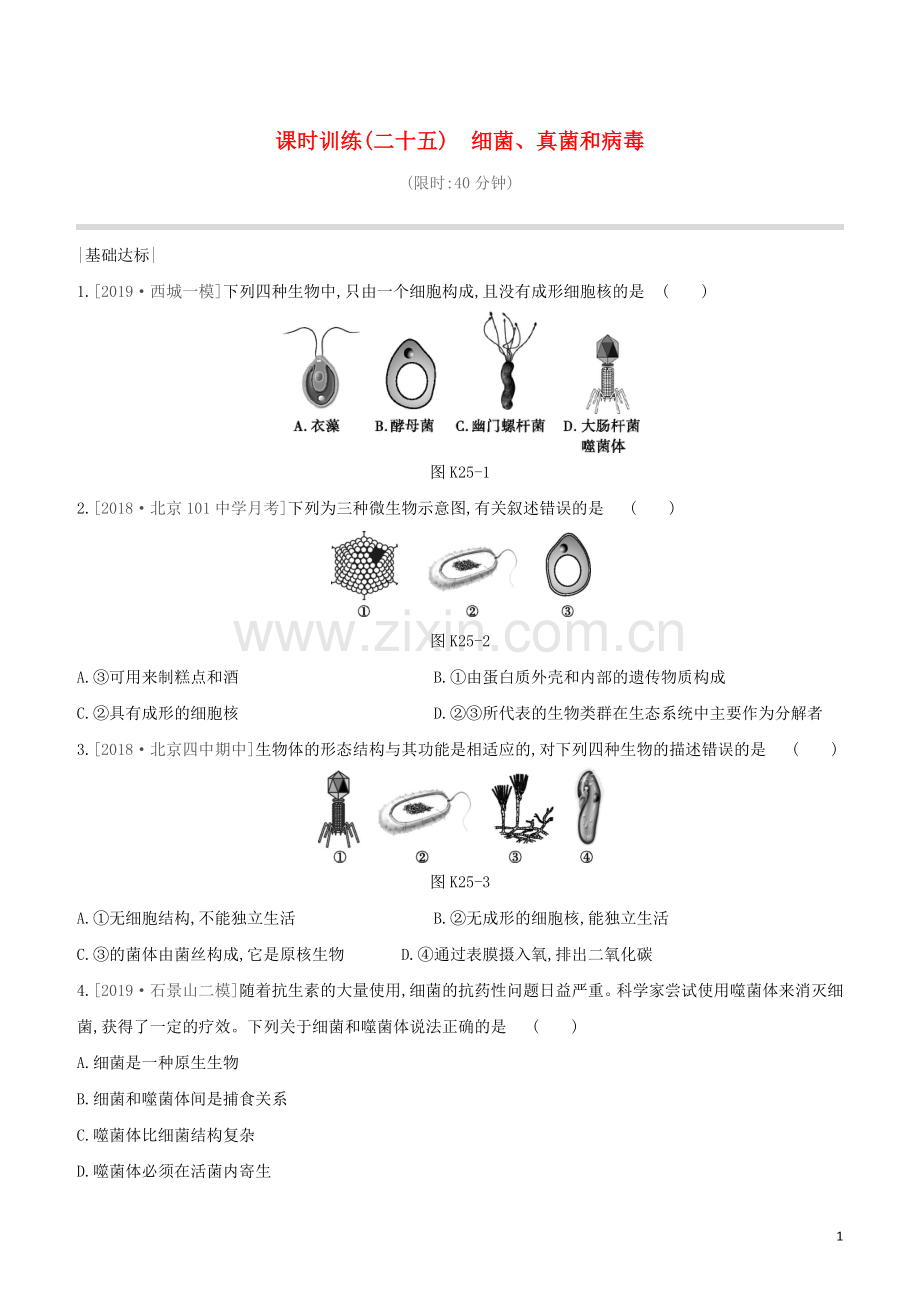 北京专版2020中考生物复习方案主题八生物的多样性课时训练25细菌真菌和簿试题.docx_第1页