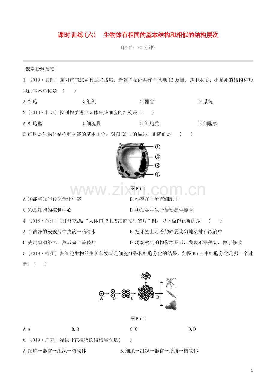 徐州专版2020中考生物复习方案第四单元环境中生物的统一性课时训练06生物体有相同的基本结构和相似的结构层次试题.docx_第1页