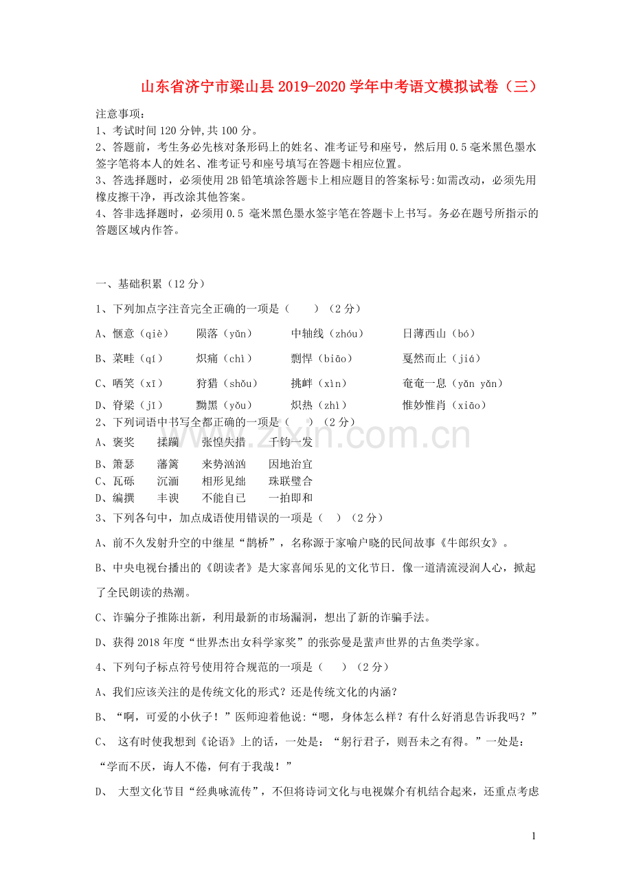 山东省济宁市梁山县2019_2020学年中考语文模拟试卷三.doc_第1页