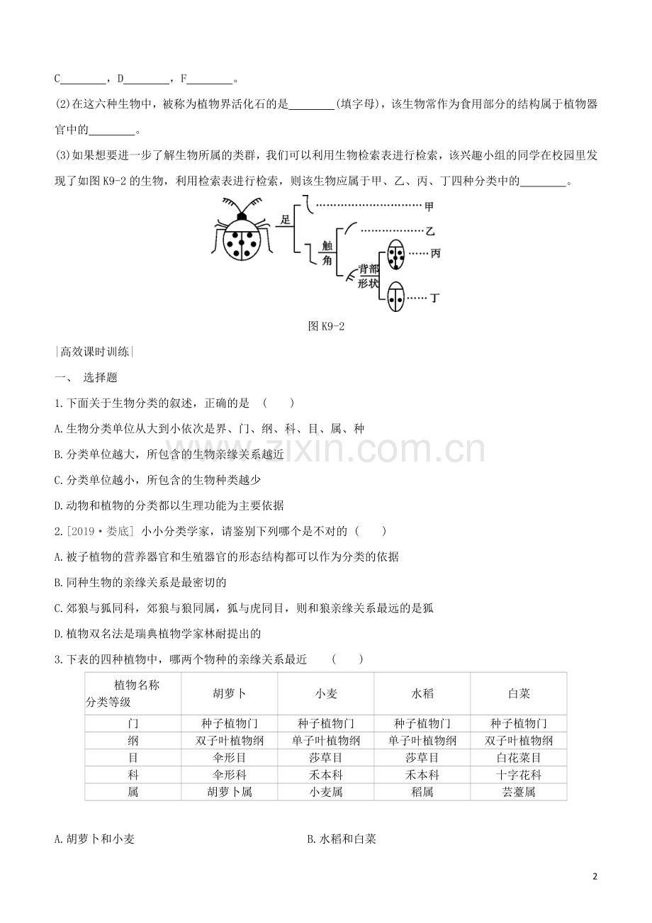 徐州专版2020中考生物复习方案第五单元环境中生物的多样性课时训练09生物的命名和分类试题.docx_第2页