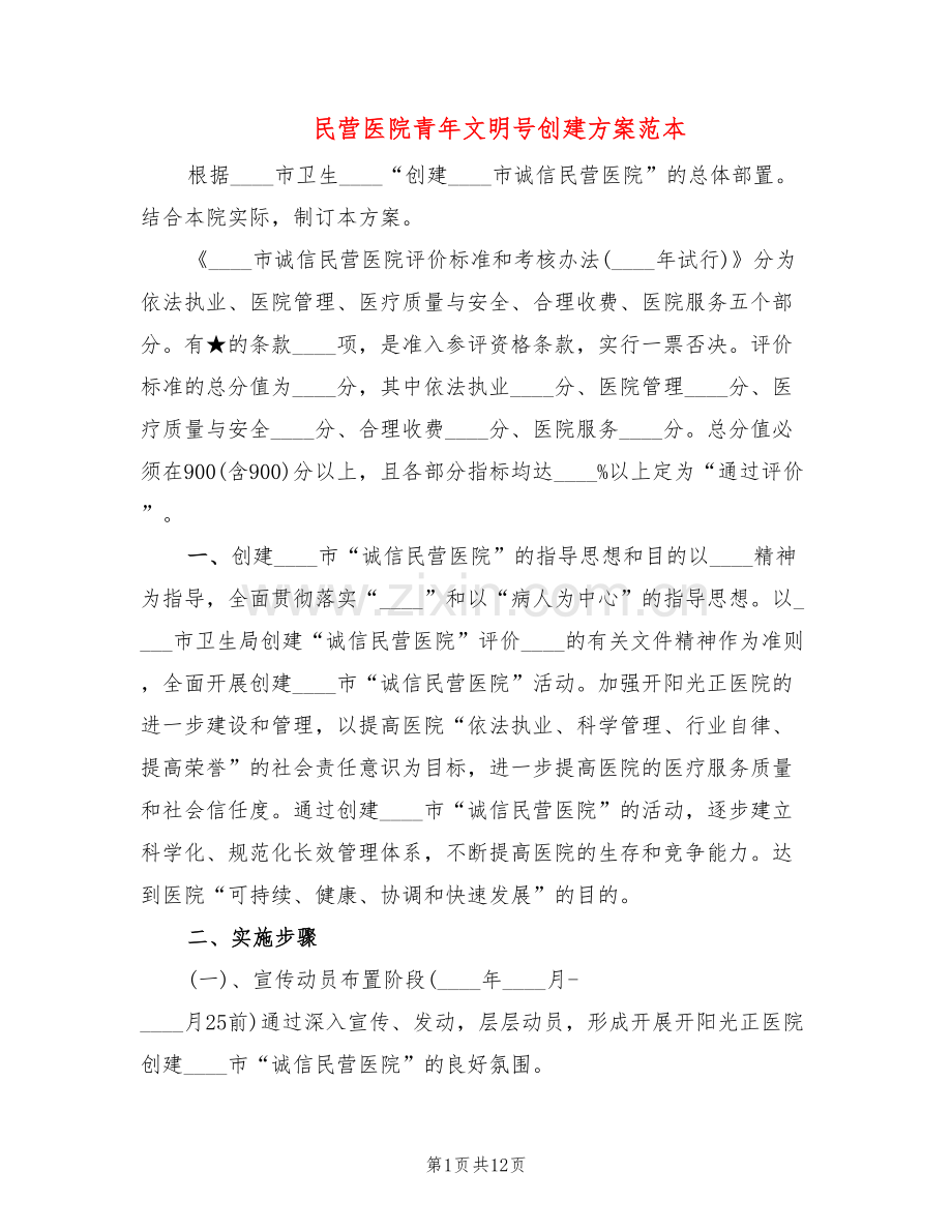 民营医院青年文明号创建方案范本(4篇).doc_第1页