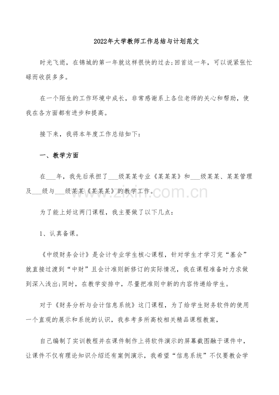 2022年大学教师工作总结与计划范文.doc_第1页