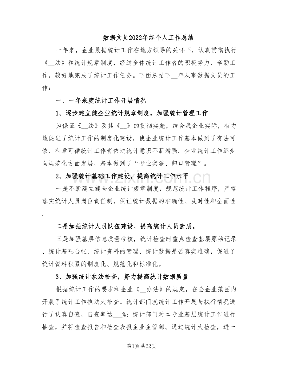 数据文员2022年终个人工作总结.doc_第1页