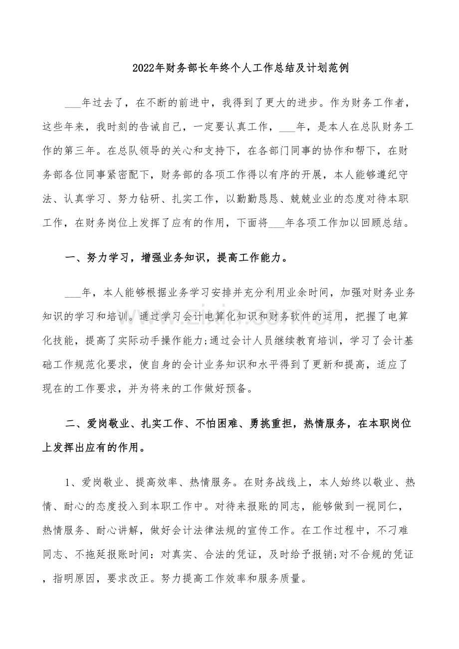 2022年财务部长年终个人工作总结及计划范例.doc_第1页