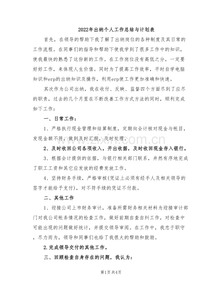 2022年出纳个人工作总结与计划表.doc_第1页