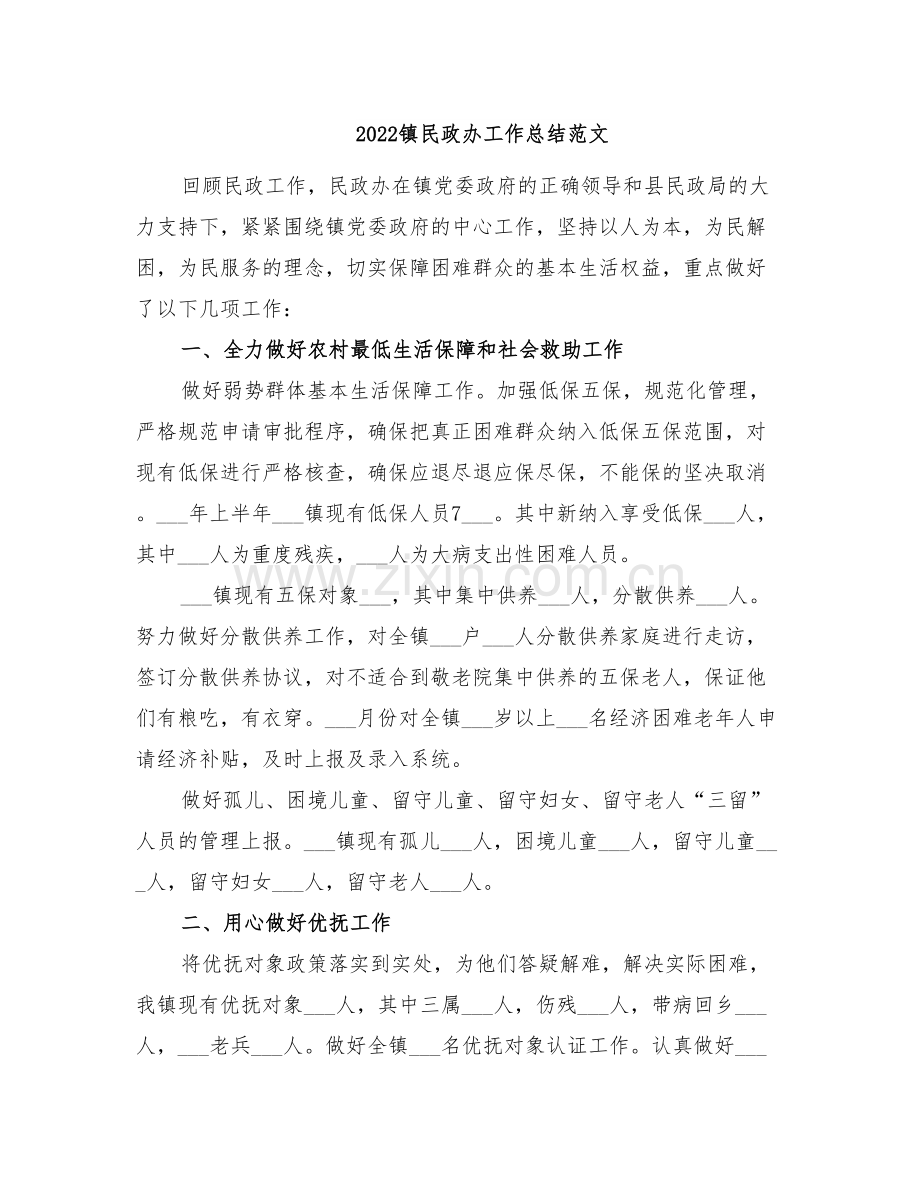 2022镇民政办工作总结范文.doc_第1页