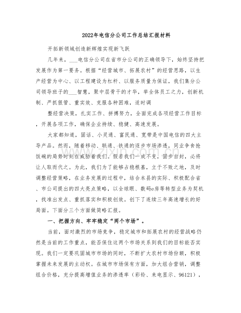 2022年电信分公司工作总结汇报材料.doc_第1页