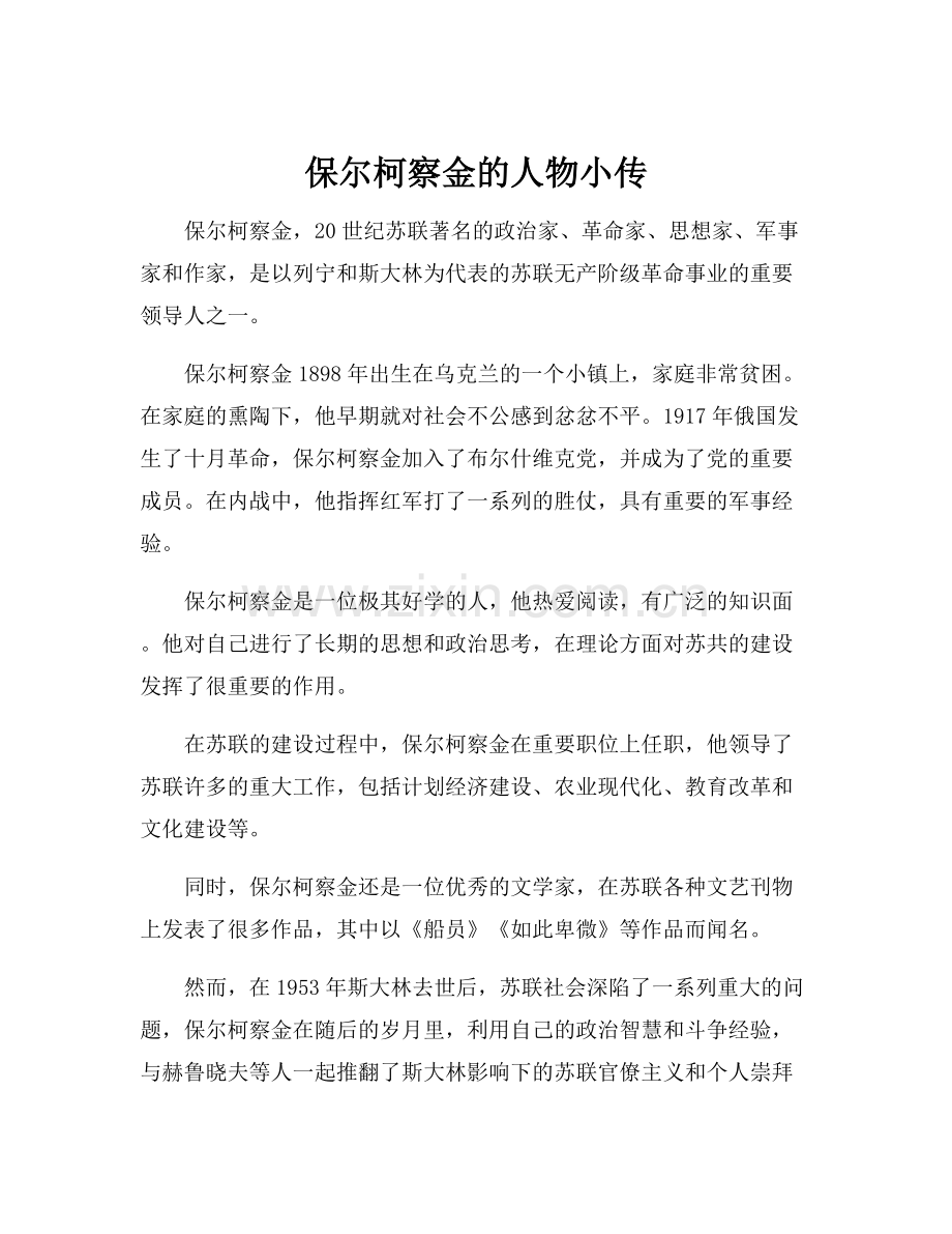 保尔柯察金的人物小传.docx_第1页