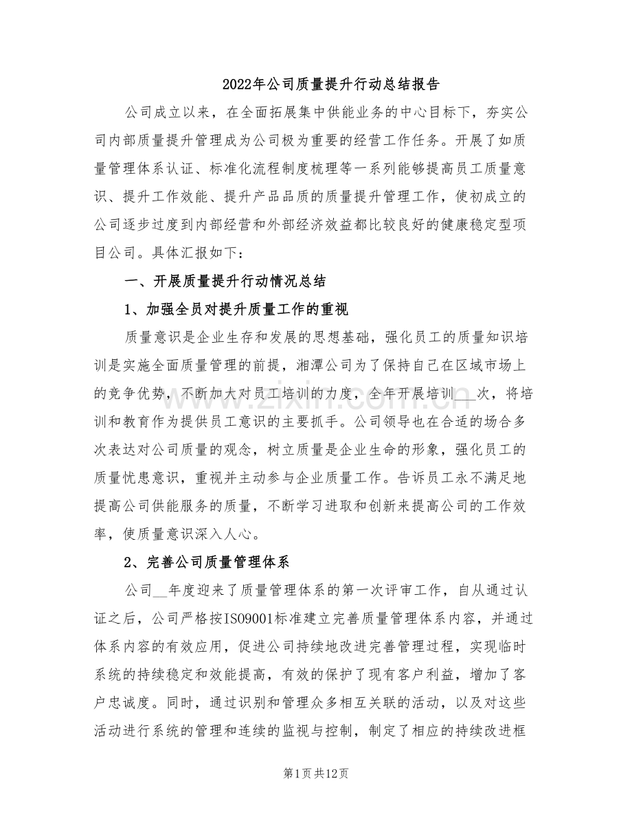 2022年公司质量提升行动总结报告.doc_第1页