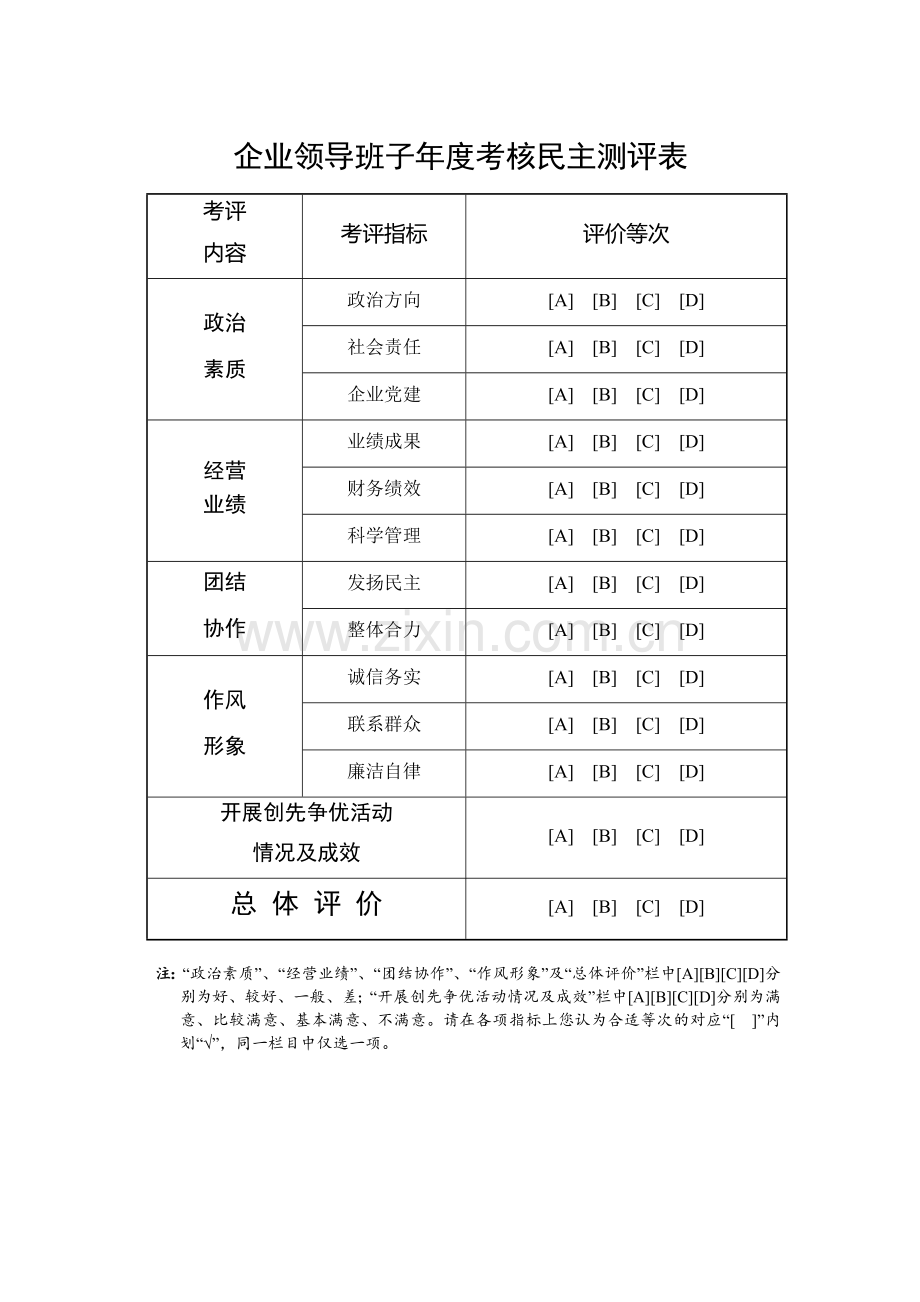 企业领导班子年度考核民主测评表.docx_第1页