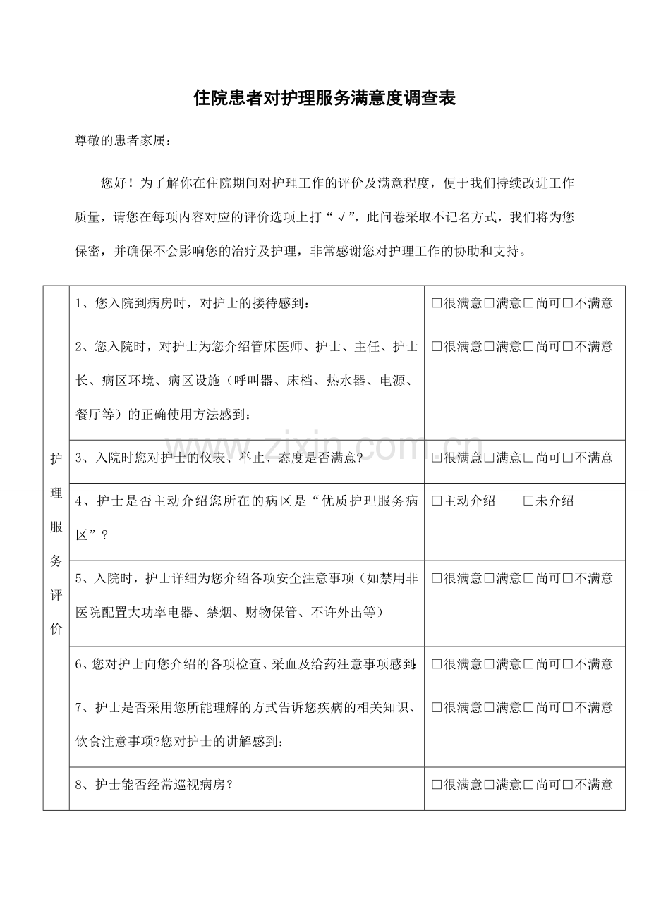 住院患者对护理服务满意度调查表.docx_第1页