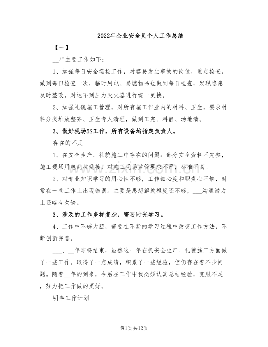 2022年企业安全员个人工作总结.doc_第1页