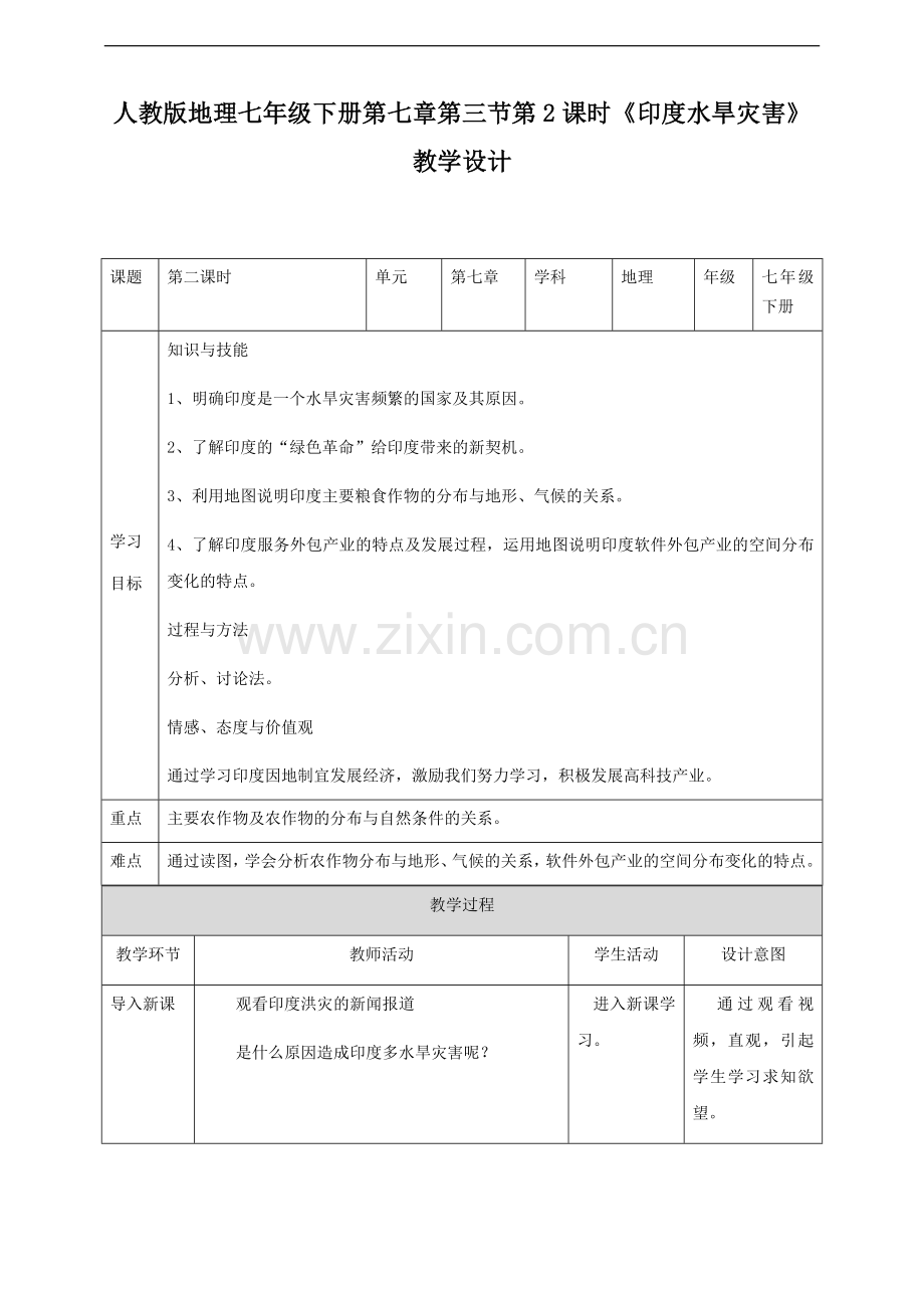 人教版地理七年级下册第七章第三节第2课时《印度水旱灾害》教学设计.docx_第1页