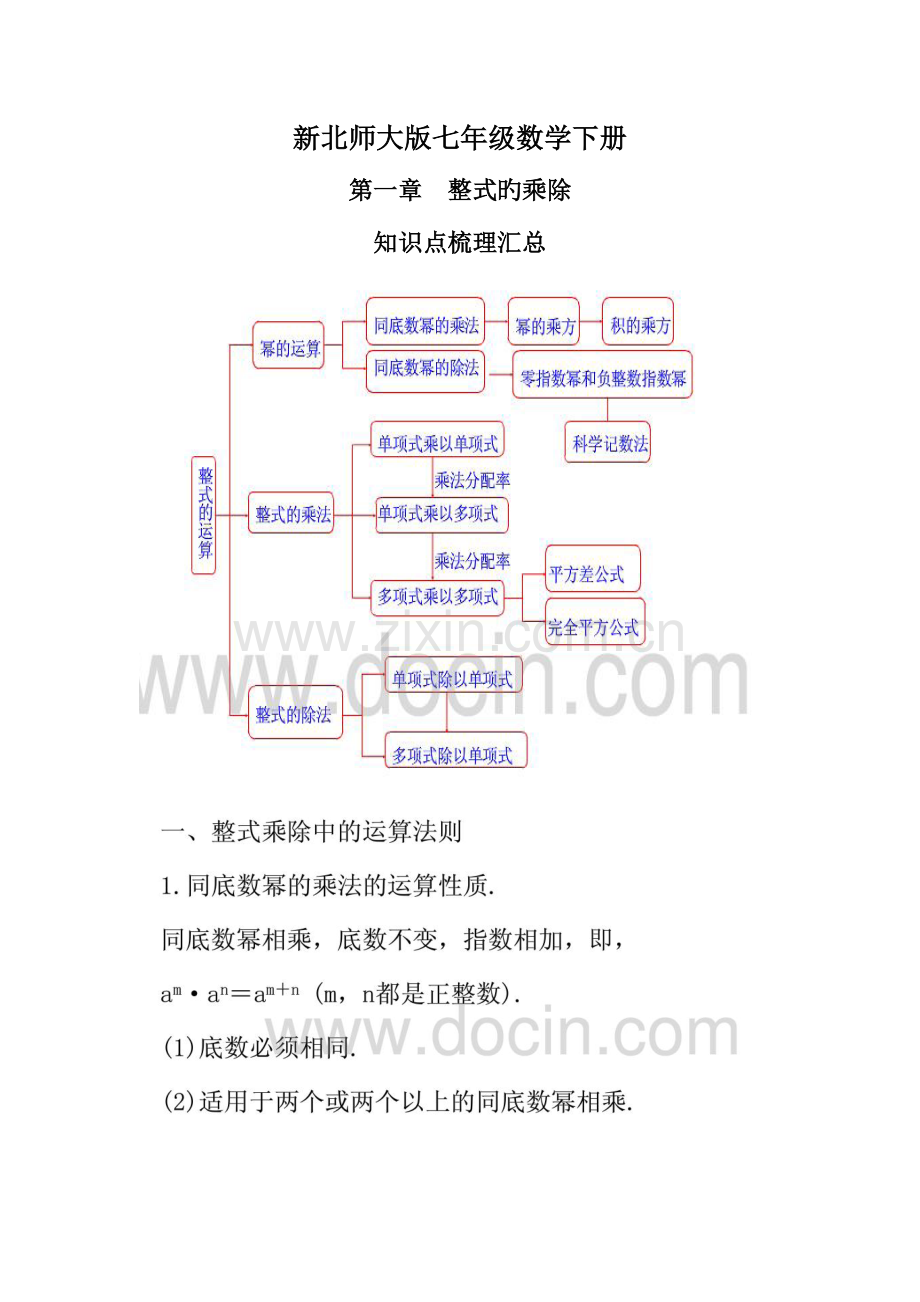 2023年新北师大版七年级数学下册整式的乘除知识点梳理汇总.doc_第1页