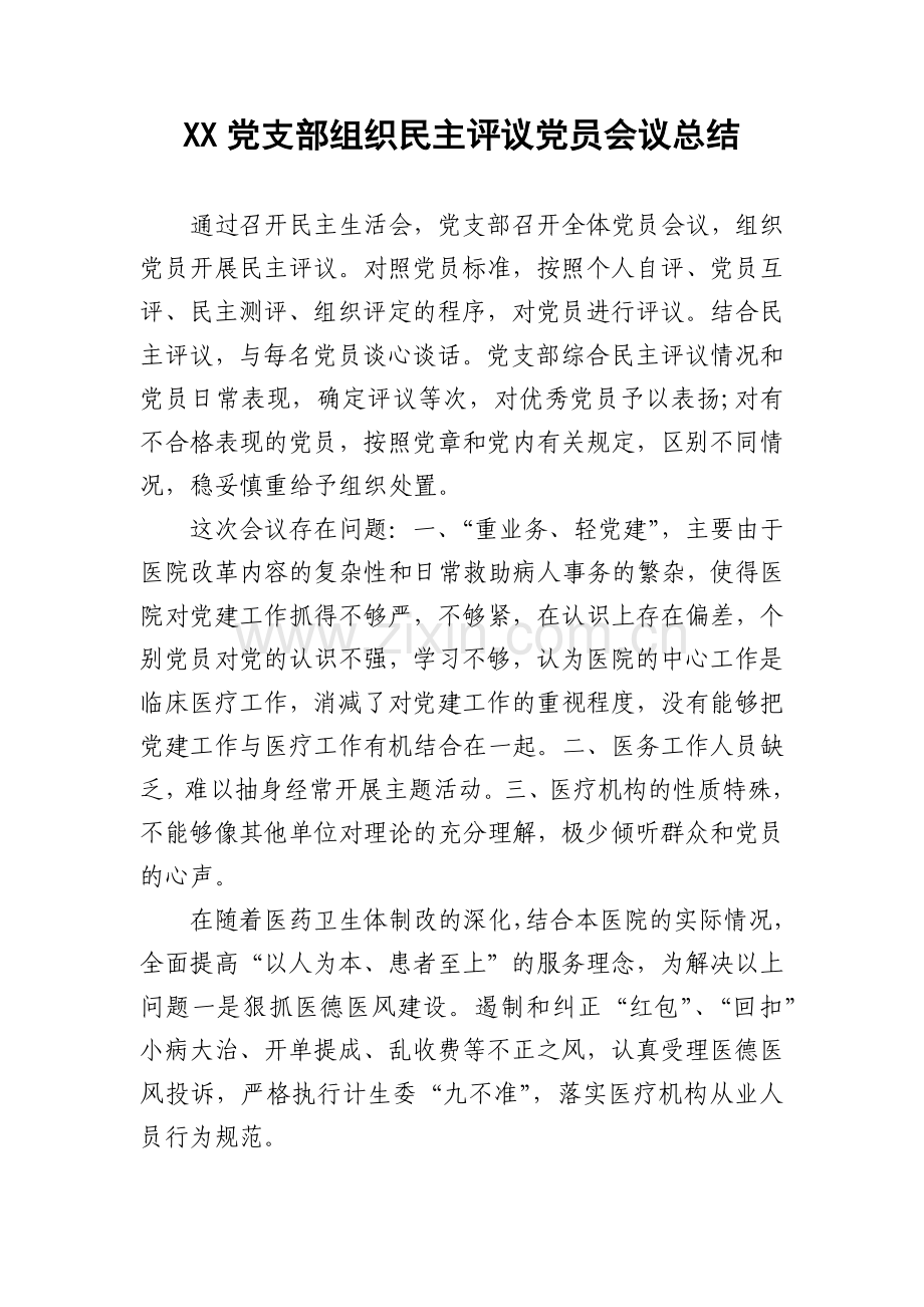 XX党支部组织民主评议党员会议总结.docx_第1页