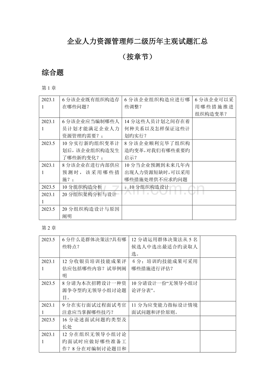 2023年企业人力资源管理师二级历年主观试题汇总.doc_第1页