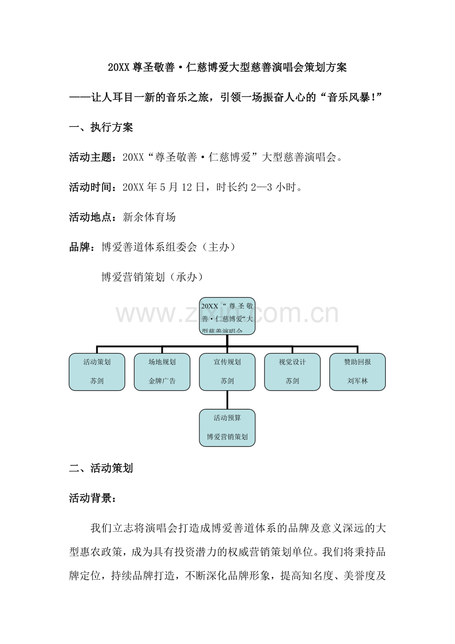 20XX尊圣敬善仁慈博爱大型慈善演唱会策划方案.docx_第1页