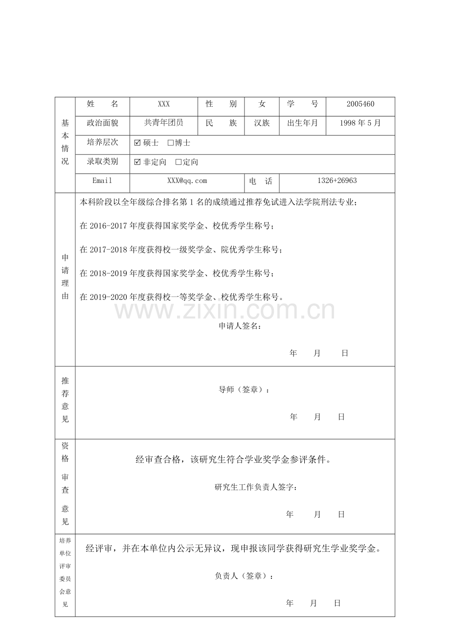 XX大学研究生学业奖学金申报审批表.docx_第1页