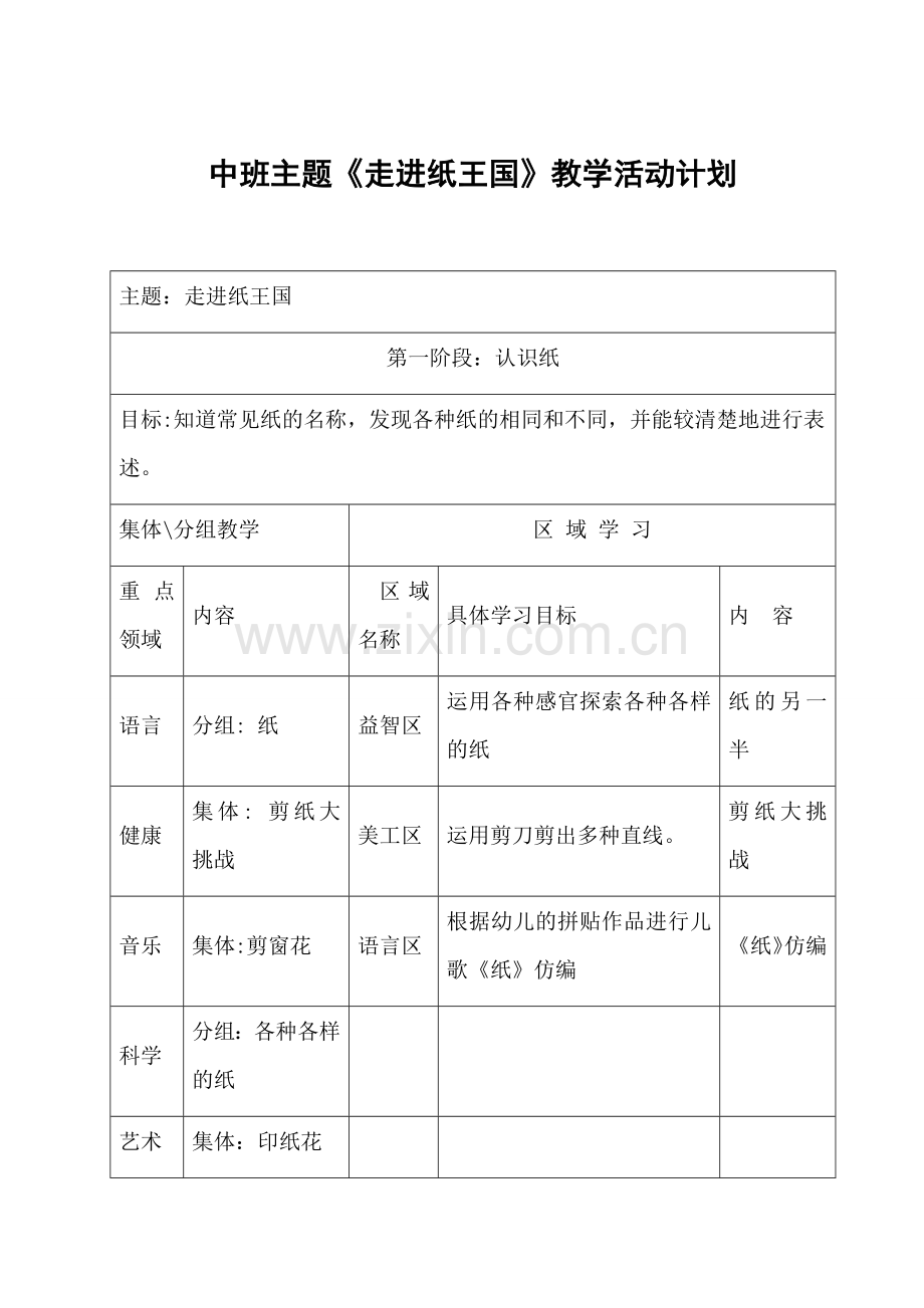 中班主题《走进纸王国》教学活动计划.docx_第1页