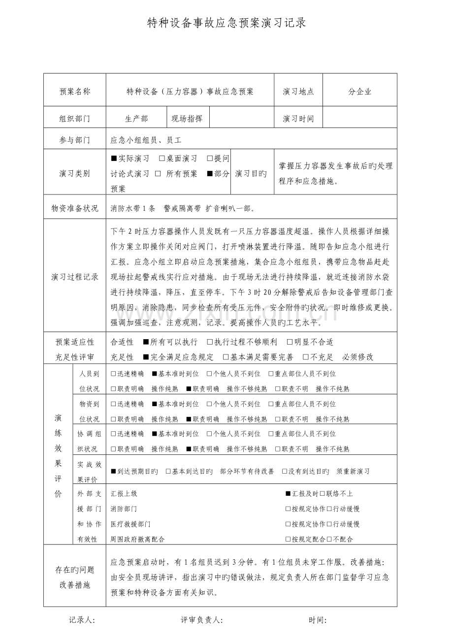 2023年特种设备事故压力容器应急预案演练记录.doc_第1页