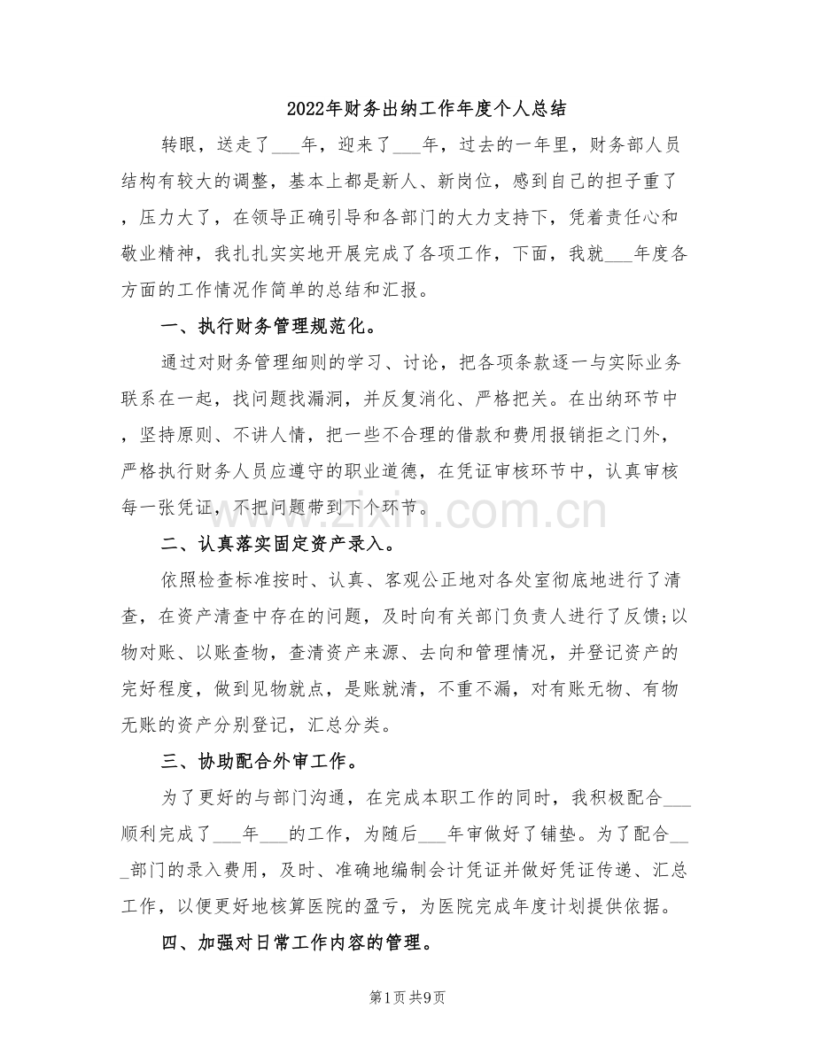 2022年财务出纳工作年度个人总结.doc_第1页