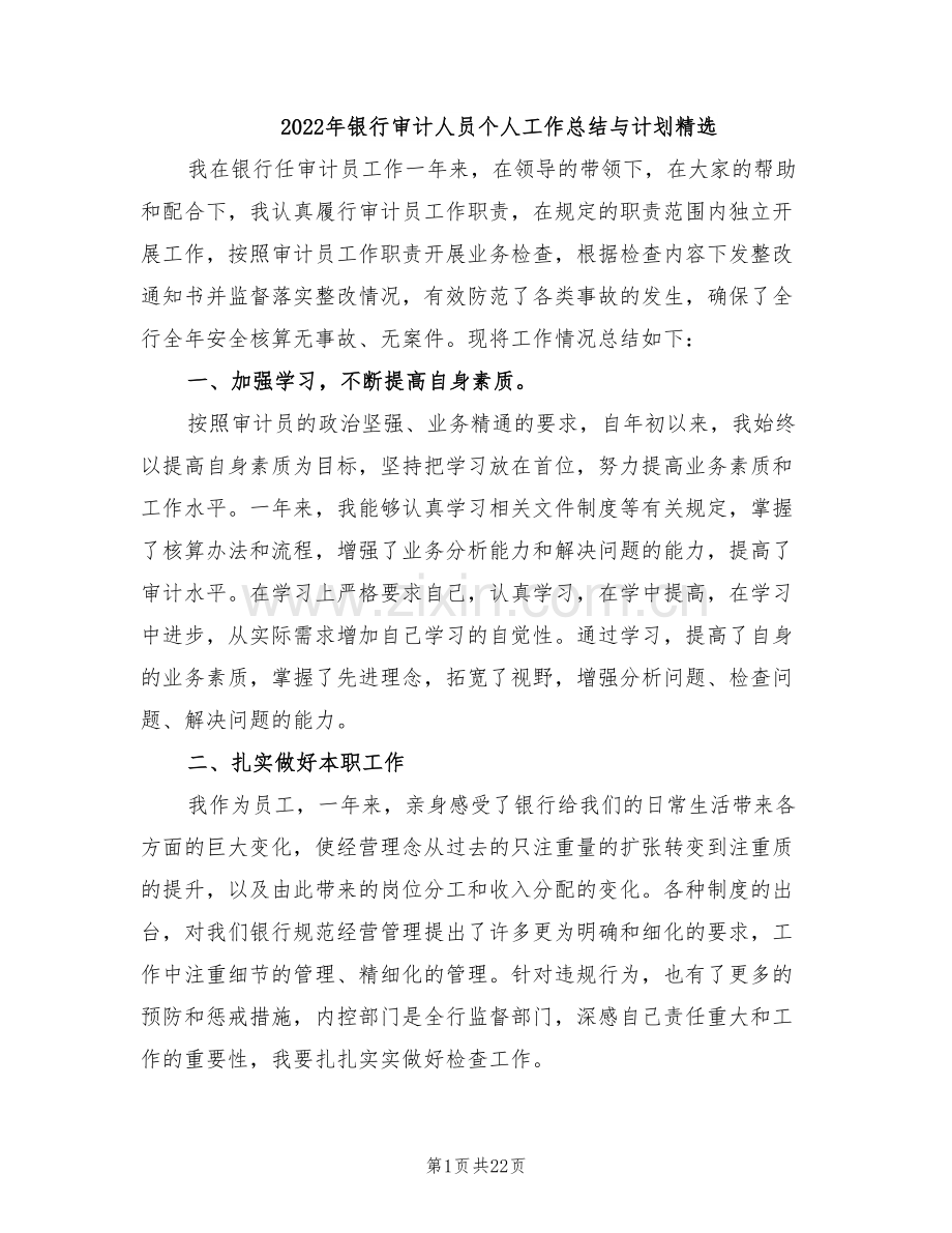 2022年银行审计人员个人工作总结与计划.doc_第1页