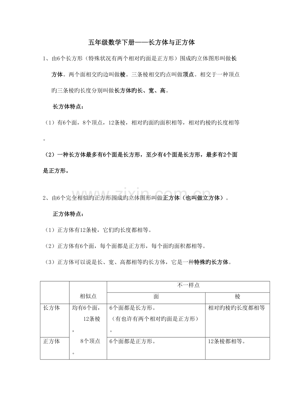 2023年五年级下册数学长方体与正方体知识点与练习.doc_第1页