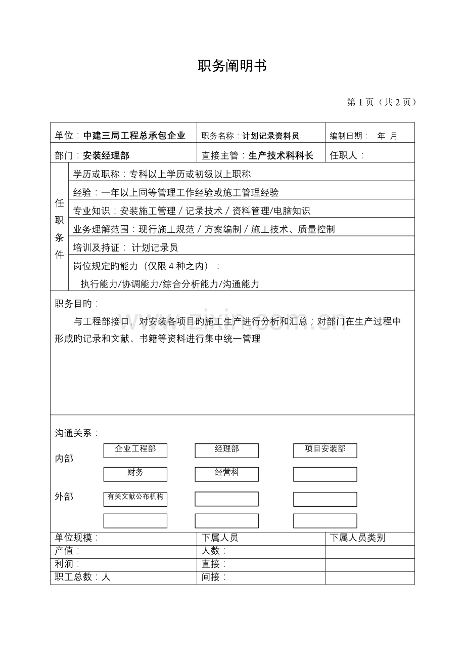 2023年计划统计资料员职务说明书.doc_第1页