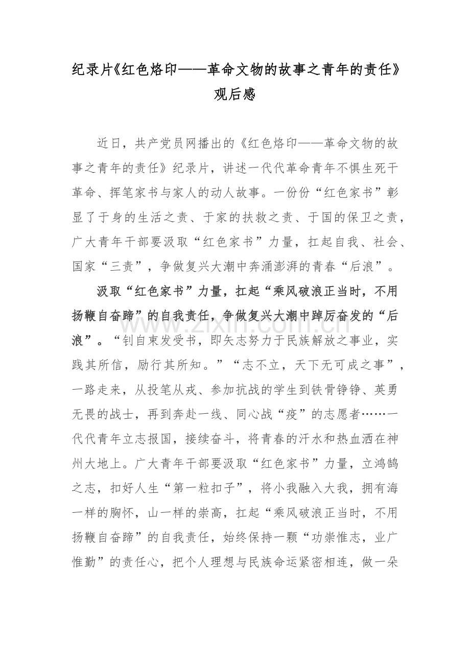 纪录片《红色烙印——革命文物的故事之青年的责任》观后感.docx_第1页